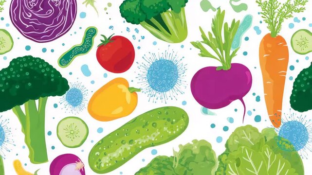Drawing of various vegetables and fruits including broccoli, carrots, and tomatoes. raw vegetables with bacteria icons floating above, infographic layout, salmonella outbreak