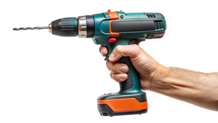 Battery screwdriver or drill on hand, isolated - on a white background PNG