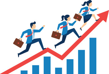 Business Professionals Climbing Growth Arrow Together, Career Progression Concept, Team Effort Symbol, Financial Success Graph, Corporate Strategy Illustration, Vector 