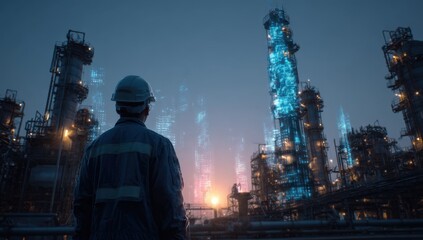 An engineer in a hardhat observes a futuristic industrial complex at dusk, illuminated with digital overlays and warm light, symbolizing progress and