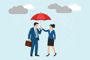 Business Professionals Sharing Umbrella Front View Illustration, Rainy Day Concept, Office Attire, Corporate Collaboration, Teamwork, Support, Weather, Protection