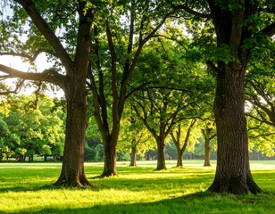 Naklejka premium Tranquil park landscape showcasing sunlight filtering through lush trees in summertime