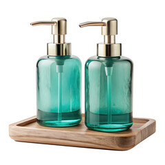 Aqua-Toned Glass Soap Dispensers on Wooden Tray on transparent