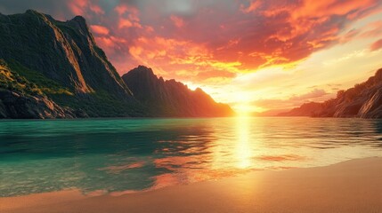 majestic sunset over calm ocean and mountains