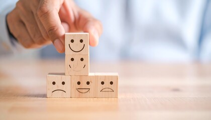 Hand placing happy face block atop others; building customer satisfaction