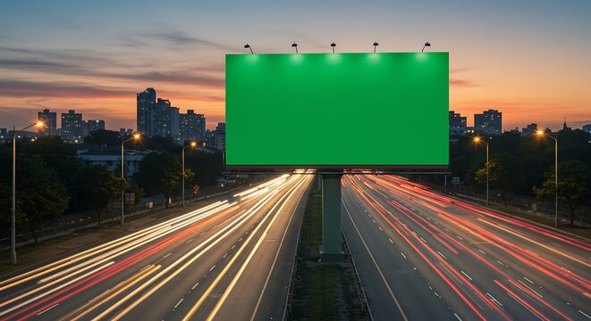 Large green billboard at dusk overlooking a busy highway with city skyline in the background. - Powered by Adobe