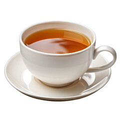 White porcelain cup filled with hot tea placed on matching porcelain saucer against white background