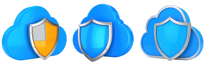 Three Dimensional Plastic Style Cloud Icons With Silver Shields On Transparent Background Representing Digital Security And Data Protection