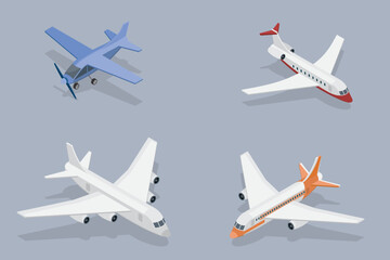 Modern airplane aviation vehicle set. Plane jet, passenger, cargo and industrial air transportation, winged aircraft. 3d flat isometric illustration.