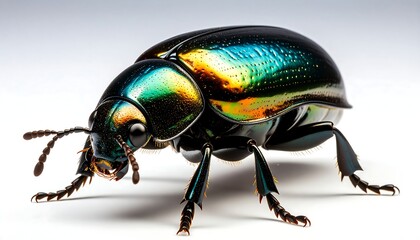 Naklejka premium Iridescent beetle, close-up view, showcasing intricate details and vibrant colors against a simple white background
