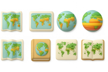 Set of 3d icons featuring earth maps and globes in cute design style