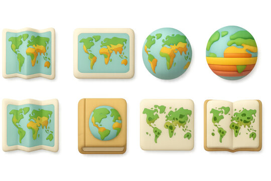 Set of 3d icons featuring earth maps and globes in cute design style