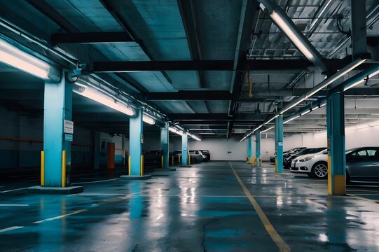 Parking in the parking garage in cyan tone