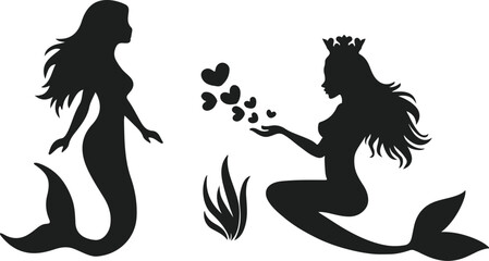 Silhouettes of two mermaids with flowing hair, one with crown and heart elements