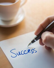 Hand holding pen writing word "Success" on white paper with coffee cup in background, workspace with goal setting, office productivity and career development.