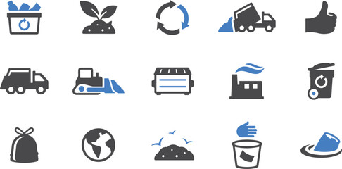 Recycling Factory Icon Set – Eco, Waste, Reuse, Industry, Pollution, Clean Energy, Sustainability, Green, Environment, Recycle, Ecology, Air, Truck, Earth, Trash, Carbon, Reduce, Nature

