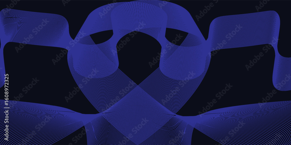 Poster abstract blue wave lines forming symmetrical patterns on a dark background, creating a futuristic an