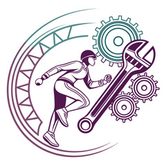 Man with Bicycle and Wrench Vector Illustration in Silhouette Style