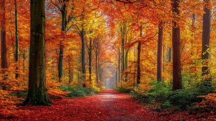 Autumn Path Forest Fall Leaves Red Orange