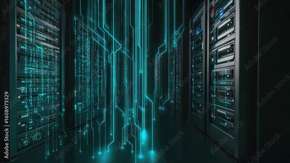 Poster glowing cyan circuit board lines connecting server racks in a dark server room represent data transf