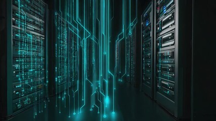 Glowing cyan circuit board lines connecting server racks in a dark server room represent data transfer and processing in a modern data center - Powered by Adobe