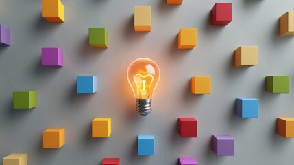 Glowing light bulb surrounded by colorful cubes on gray background