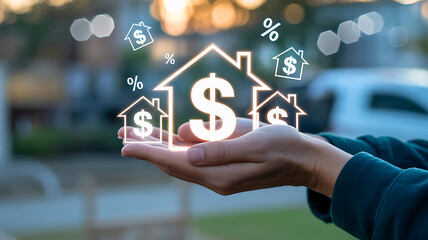 Conceptual image of real estate investment and housing finance with hands holding glowing house and dollar sign icons.