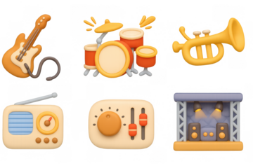 Musical instruments and equipment in 3d cartoon style: guitar, drums, trumpet and more