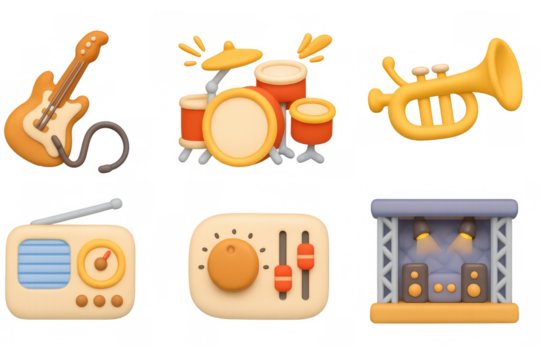 Musical instruments and equipment in 3d cartoon style: guitar, drums, trumpet and more - Powered by Adobe