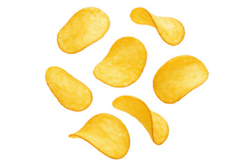 Seven potato chips scattered on black background isolated transparent background