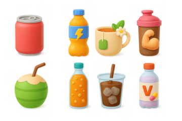 Colorful 3d energy and nutritional drinks collection with cartoon style