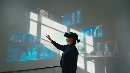 Female architect wearing vr headset interacting with holographic building plans and graphs projected on a transparent screen in a modern office, showcasing innovative design technology