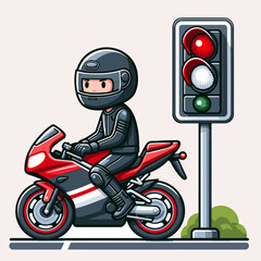 Cartoon Motorcycle Rider Waits at Traffic Light on Pavement in Urban Setting