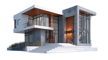 Modern boxy concrete house with cantilevered glass design

