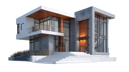 Modern boxy concrete house with cantilevered glass design

