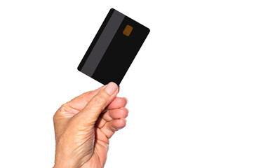 Hand holding credit card. Shopping, finance and people concept - closeup of hand with plastic credit card. Copy space