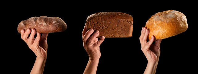 Set of delicious baguette bread isolated on black background, home made food. Set collage different fresh bread in hand. Baker chef man holding bread, homemade. Bakery concept, male hand
