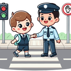 Cartoon Boy Holding Hand with Police Officer on Zebra Crossing with Traffic Light