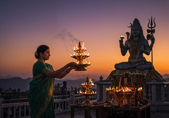 Woman in Forest-Green Saree Performing Evening Aarti Before Shiva Idol at Sunset