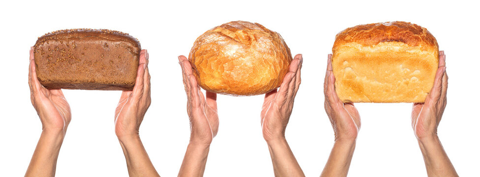 Set collage different fresh bread in hand on white background isolation. Baker chef man holding bread, homemade. Bakery concept, male hand. Woman holding freshly baked bread, closeup.