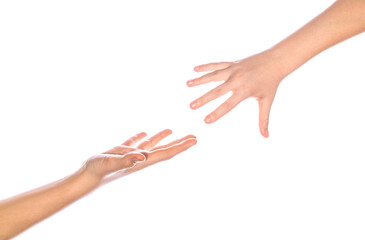 Help, helping, support. Close Up two hands reaching to each other. Concept for salvation, rescue, friendship, guidance, help, helping. Man's hand holds a hand of the child. Child and woman hands