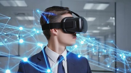 Businessman wearing virtual reality headset is exploring virtual reality network in modern office, experiencing immersive technology for business innovation - Powered by Adobe