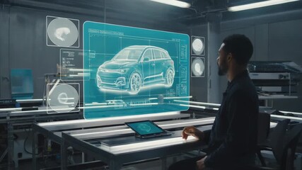 In a high-tech automotive research and development facility, an engineer uses an augmented reality interface to design a new electric vehicle, enhancing the process with cutting-edge technology - Powered by Adobe