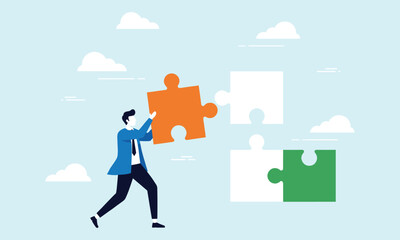 Businessman Connecting Puzzle Pieces Front View Illustration, Collaboration in Business Concept, Strategic Problem-Solving, Creative Teamwork Solution, Achievement Vector Artwork Design