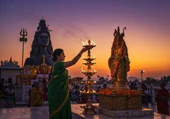 Woman in Forest-Green Saree Performing Evening Aarti Before Shiva Idol at Sunset