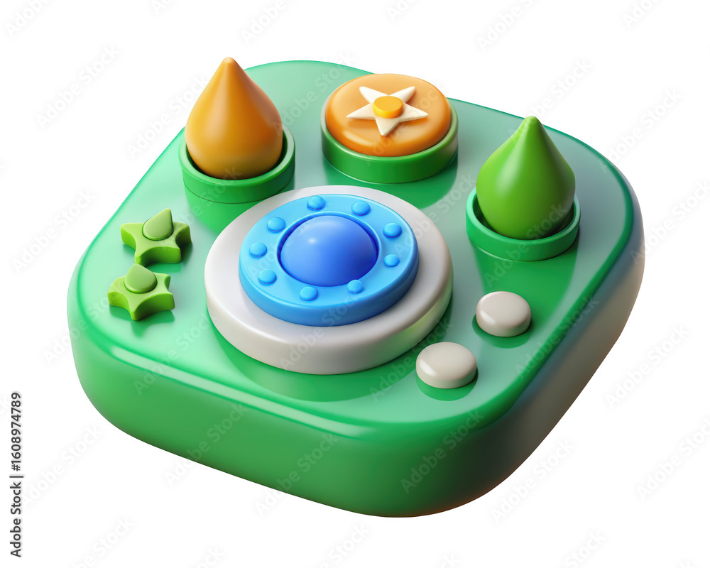 Poster playful interface concept featuring colorful shapes and buttons representing game design and interac