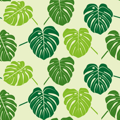 Seamless background, pattern, cheerful green monstera leaves.