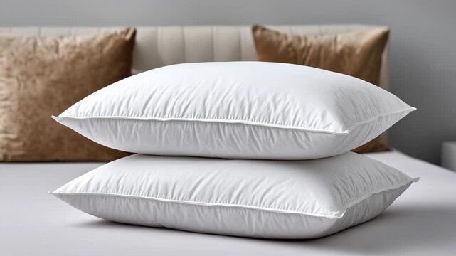 Soft white pillows stacked on a cozy bed with plush golden cushions in the background, creating a serene and inviting atmosphere for relaxation and comfort in a stylish bedroom setting