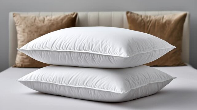 Soft white pillows stacked on a cozy bed with plush golden cushions in the background, creating a serene and inviting atmosphere for relaxation and comfort in a modern bedroom setting