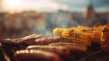 Sausages, corn on the cob, and steaks grilled outdoors in close-up, cooked over open fire with golden-brown texture, blurred background, soft focus, warm sunlight for inviting summer grilling.